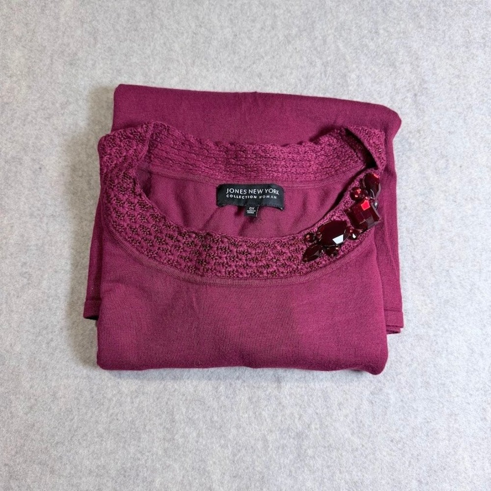 Jones New York Top Womens 0X Berry Viscose Knit Jewel Neck 3/4 Sleeve Classic